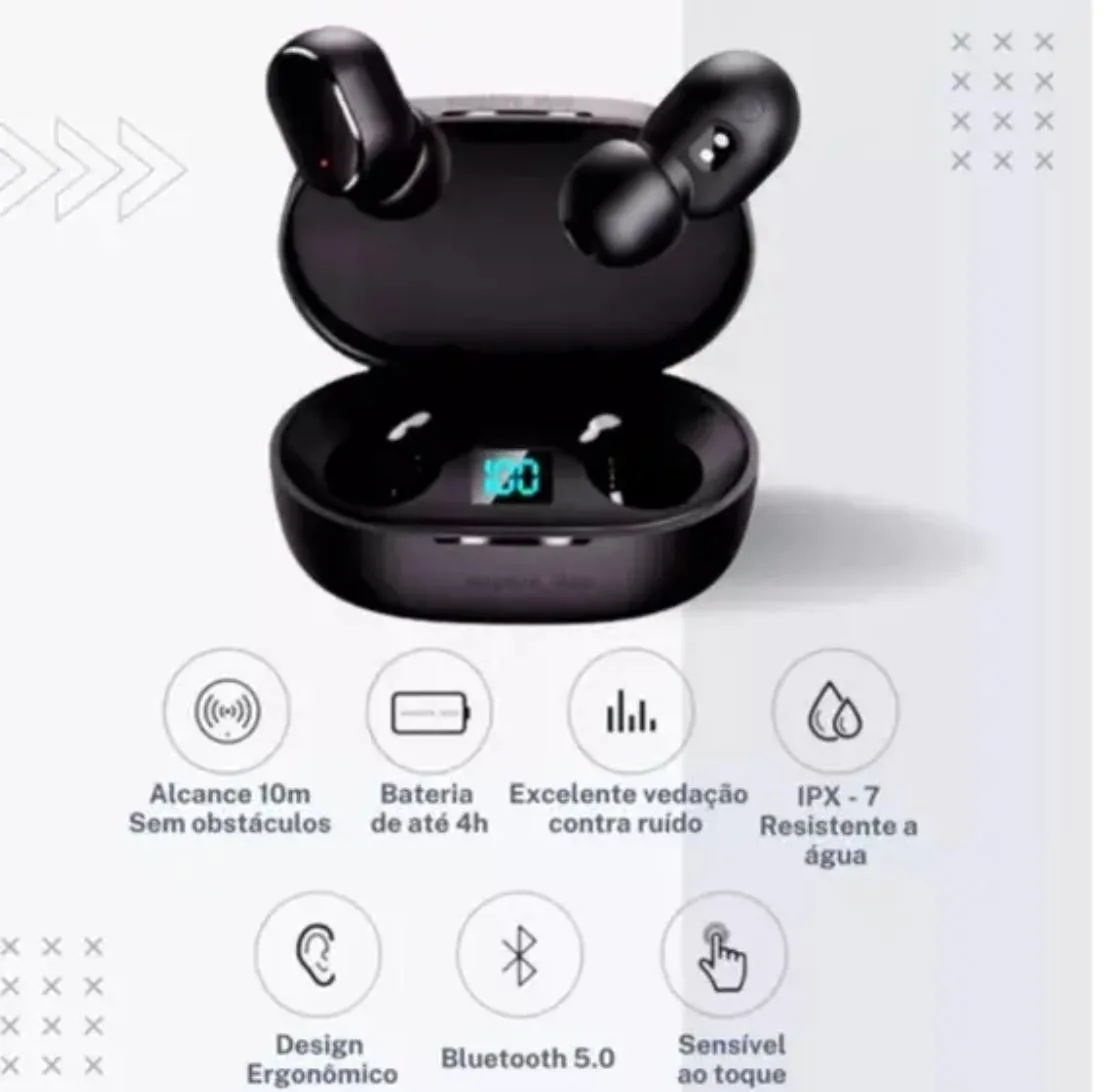 Fone de Ouvido Bluetooth Kaidi TWS Sem Fio com Display Digital e Case Power Bank Preto