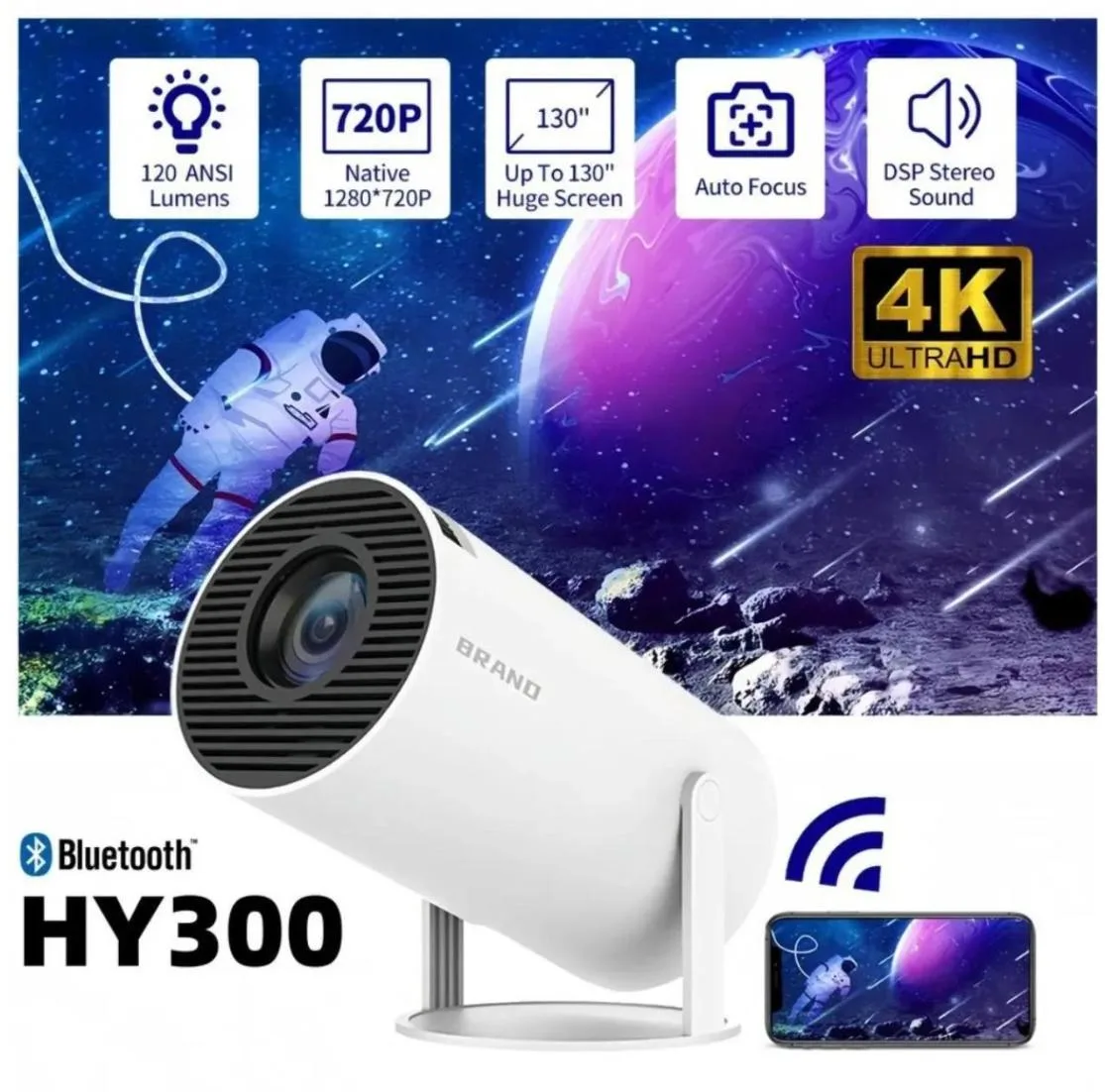 Projetor Smart Portátil Full HD 4K Android 11 Wi-Fi Bluetooth Mini Home Theater HY300