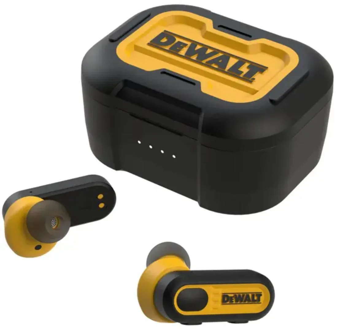Fone de Ouvido Bluetooth DeWalt Jobsite Pro-X1 TWS Preto e Amarelo - Sem Fio à Prova D'água IPX6 com Estojo Tipo-C e 30h de Bateria