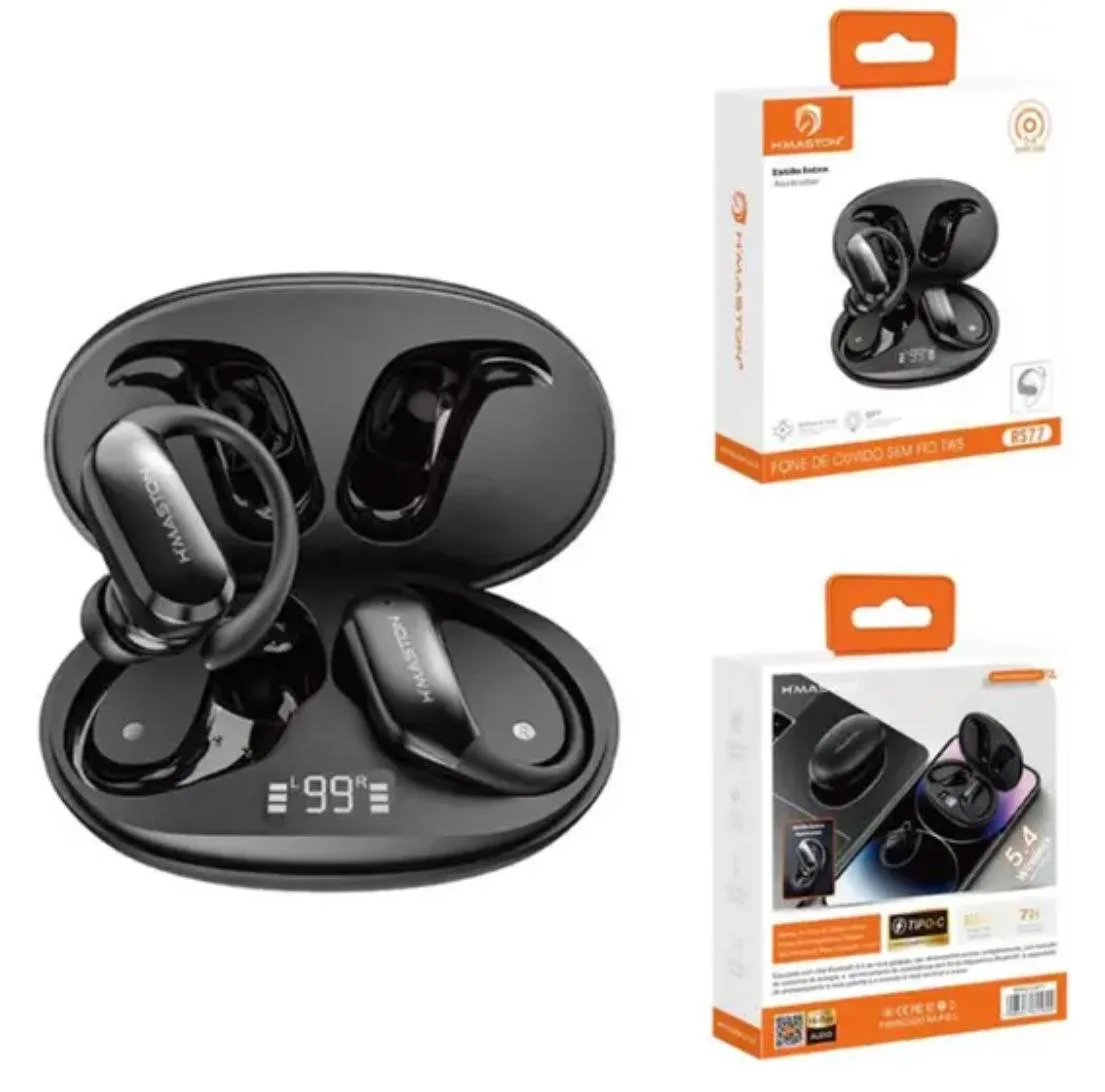 Fone de Ouvido Bluetooth HMASTON RS-77 TWS Esportivo - Sem Fio Intra-Auricular com Gancho de Orelha, Graves Potentes, Microfone e Display de Bateria Preto