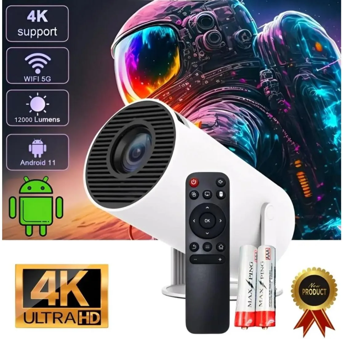 Projetor Inteligente Hy300 Pró 470 ANSI Smart 4K Wi-Fi 6 Bluetooth 5.0 Android 11